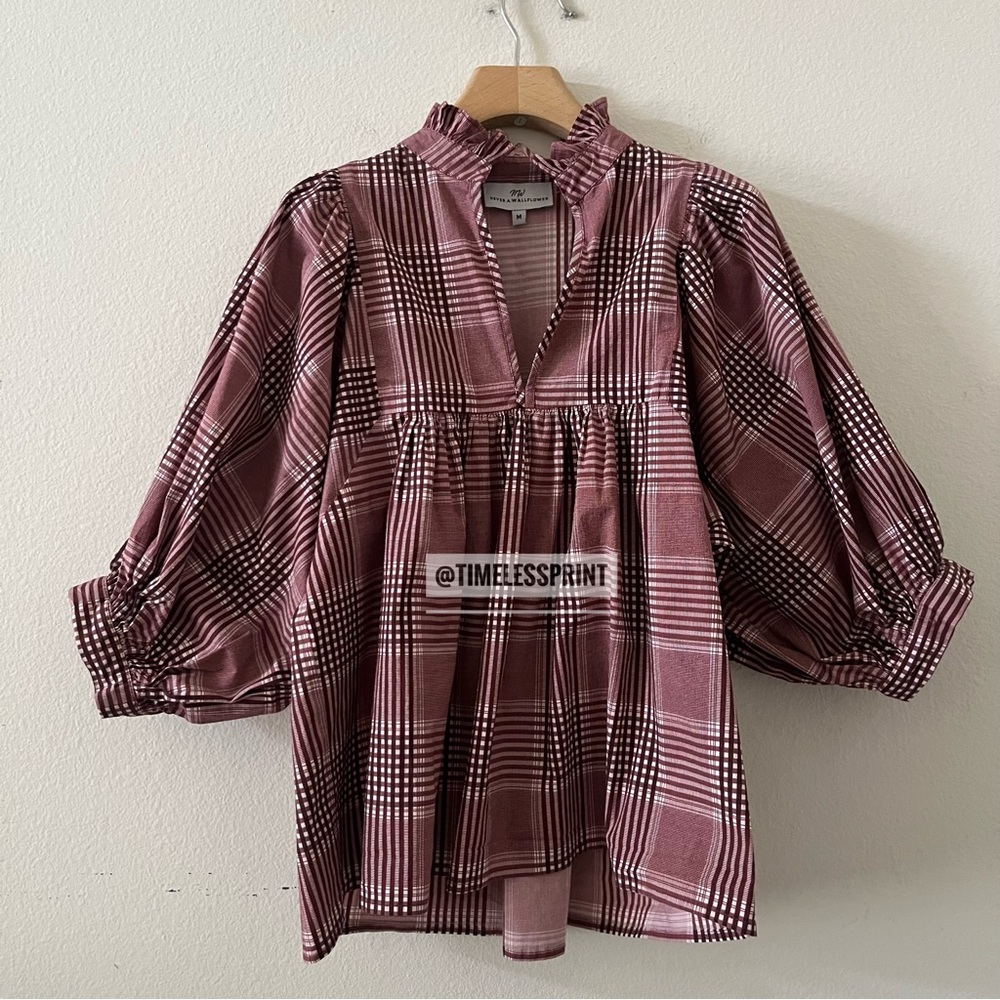 Never a Wallflower. High Neck Top Red Burgundy/White Cotton Plaid. - Picture 2 of 4